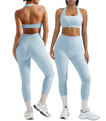 OMKAGI 2 Piece Workout Sets for Women Halter Sports Bras Gym Sets Booty Leggings Outfits (M,447-Bright Blue)