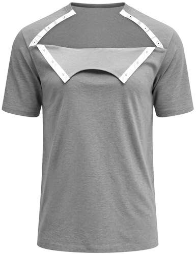 Unisex Chemo Port Shirts Post Shoulder Surgery Recovery Shirts Tear Away Side Snap Off Full Open Chemo Clothing (US, Alpha, Large, Regular, Regular, Light Grey)