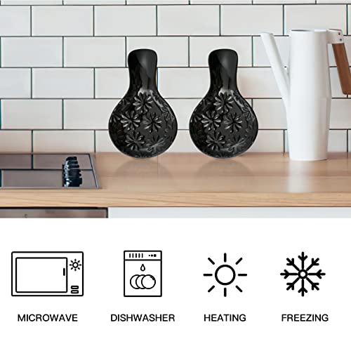 Cooking Spoon Rests for Stove Top, Ceramic Spoon Rest for Kitchen Counter, Ceramic Spatula Rest, and Tableware Rest, Utensil Rest for Stove Top，Large Coffee Tea Spoon Rests，Kitchen Accessories，Black - Thumbnail 2