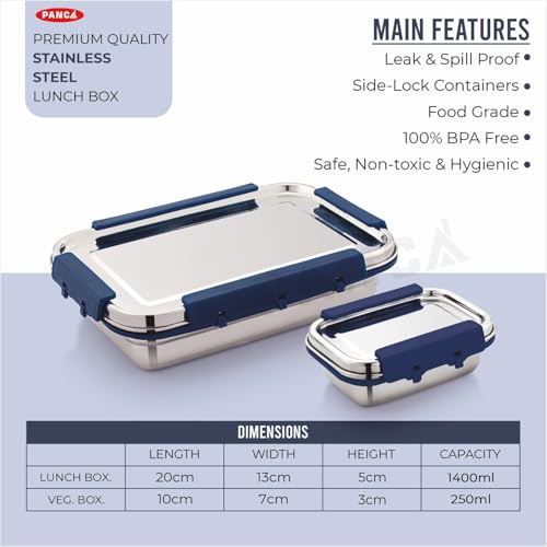 Image of PANCA Stainless Steel Lunch Box | Airtight Leakproof Tiffin for Office & School | Kitchen Accessories | 1400ml + 250ml Food Grade Steel with 4 Side Lock (Blue)