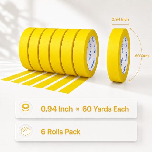 Image of Yellow Masking Tape, 6 Rolls, 0.94 Inch x 60 Yards | Writable matte paper tape for painting, labeling, crafts, classroom and office use