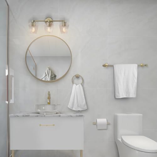 Image of GLOBE Electric 63000063 5-Piece All-in-One Bathroom Set, Matte Brass Finish, 3-Light Vanity Light, Glass Shades, Towel Bar, Toilet Paper Holder, Towel Ring, Robe Hook, Bathroom Lights Over Mirror