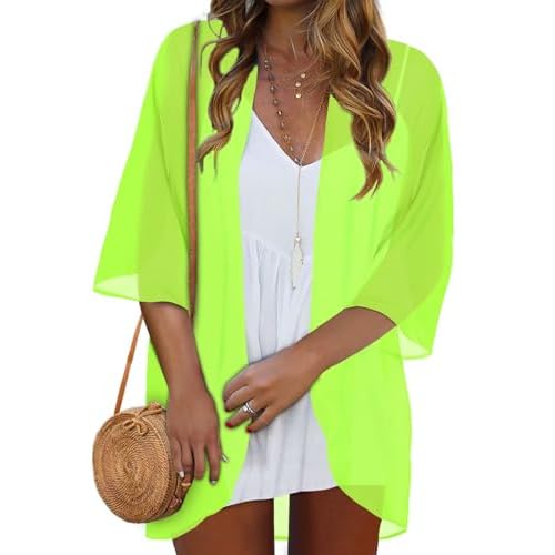 Kimono Cardigans for Women Beach Cover Ups Casual Summer Tops Hawaiian Shirts Open Front Resort Wear (Neon Green,S)