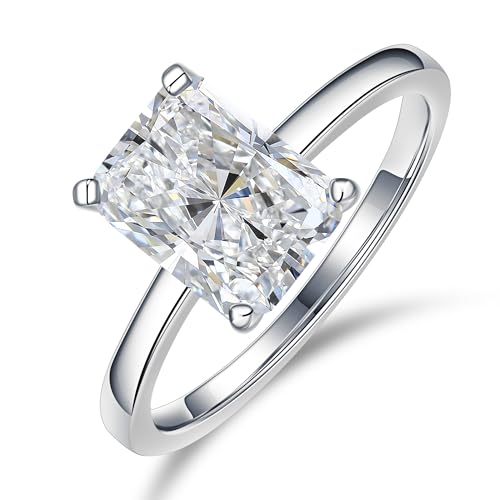 MOOSEA 2CT Radiant Cut Moissanite Rings for Women, D Color VVS1 Clarity Lab Created Moissanite Ring 18K White Gold Plated Moissanite Engagement Rings for Women Classic Solitaire Moissanite Rings