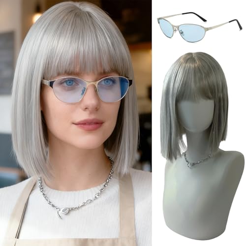 HTTDSLF Grigio Parrucca Bob Corta con Frangia, Parrucche da Festa e Occhiali da Sole per Donne Ragazza, Dritto Breve Charming Bob con Bangs Parrucche, per Costume Carnevale Festa in Maschera