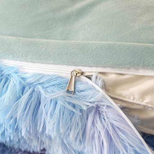 Luxury Shaggy Plush Duvet Cover Set King Colorful Rainbow Ombre Blue Pink Purple Velvet Valentines Day Bedding Set Soft Warm Winter Faux Fur Fluffy Fuzzy Comforter Cover For Teen Girls Women Gift #TOP4