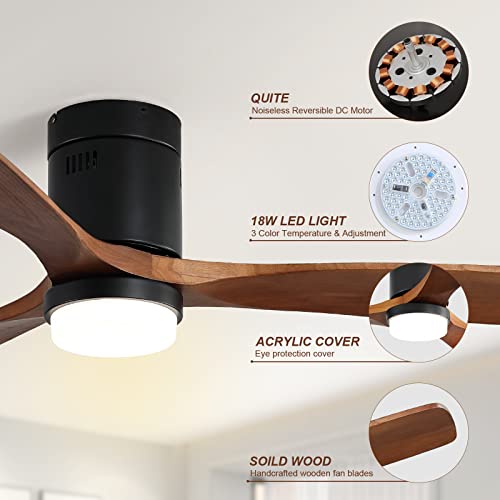 Sofucor Flush Mount Ceiling Fan, Outdoor Ceiling Fans For Patios With Light, 3 Blade Walnut Wood Remote Control Low Profile Ceiling Fans, Reversible 6 Speed Dc Motor With Dimmer Timer For Indoor #TOP3