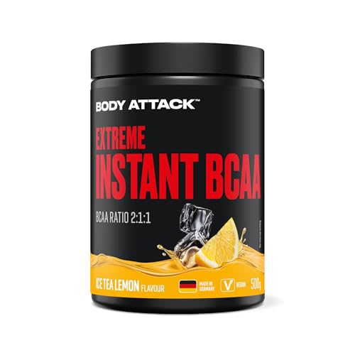 Body attack Extreme Instant BCAA - 500 g - Ice Tea Lemon - Made in Germany - Gut lösliches, veganes BCAA Pulver im Verhältnis 2:1:1 - Zuckerfreie Aminosäuren für intensives Training - Mit L-Leucin