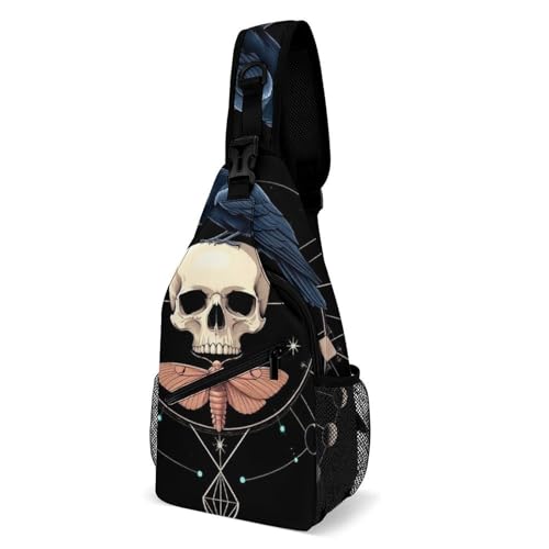 Womens Sling Bag with Adjustable Strap, Cute Black Raven Moon Skull Reusable Lightweight Crossbody Bag, Versatile Chest Bags for Travel, Party