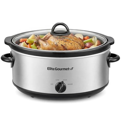 Elite Gourmet MST710 7 Quart Slow Cooker Pot, Removable Stoneware Insert, Tempered Glass Lid, Low/High/Keep Warm Settings, Dishwasher Safe, Cool-Touch Handles, One-Dial Control, Stainless Steel