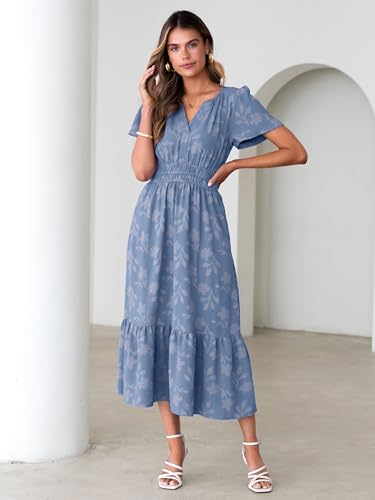 Image of Simplee Womens Summer Boho Maxi Dress Semi Formal Wedding Guest Short Sleeve V Neck Empire Waist Floral Long Dresses