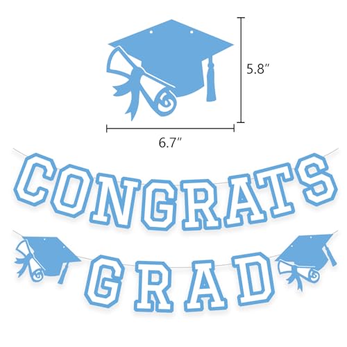 Image of Congrats Grad Banner Graduation Party Banner Decoration Hanging Garland High School College Backdrop Supplies Light Blue White