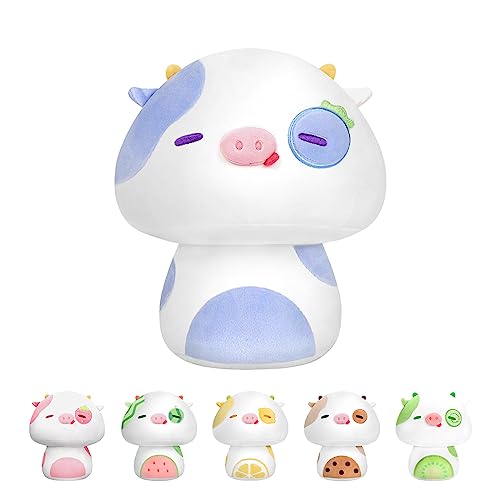 Mewaii Kawaii Soft Toy Pillow for Baby Animals Doll Toys Mushroom Shape and Comfortable Plush Cushions for Children 3 Years and Above (36 cm, Blueberry Cow)