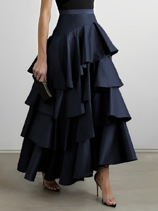 Women's Long Maxi Tiered Ruffle Skirt High Waist A Line Asymmetrical Hem Skirts for Women Casual Elegant Vintage Boho
