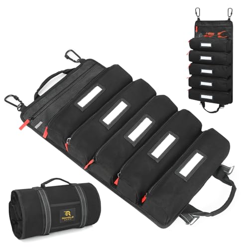 Rover Gear| Roll Up Tool Bag with Carabiners | 5 Large Oversized Pouches with Labels | Tool Organizer Bag | Canvas Tool Bag organizer | Tool roll up Bag for Mechanic, Electrician,Carpenter and more