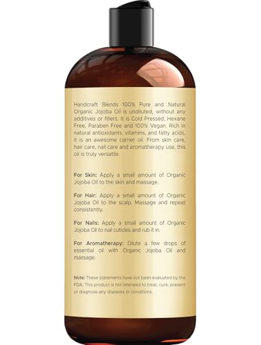Handcraft Blends USDA Organic Jojoba Oil - Cold-Pressed 16 Fl Oz - 100% Pure and Natural - Premium Grade Carrier Oil for Skin and Hair - Hair and Body - Massage - Hexane-Free