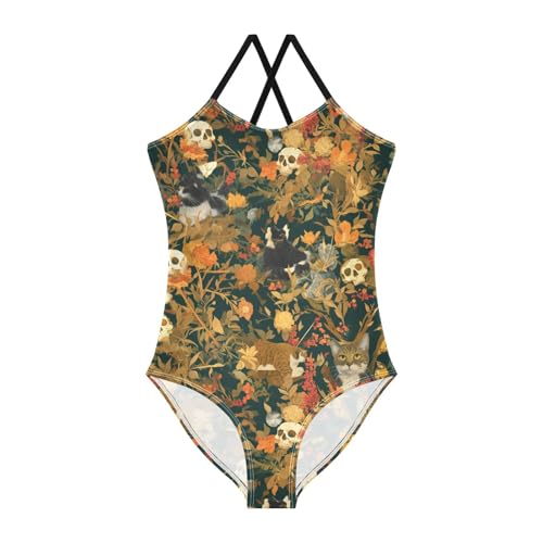 Skeleton Cats Flowers Happy Halloween Moss Green Kids Girls 1 Piece Swim Suit Summer Swimwear Adjustable Strap UPF 50+