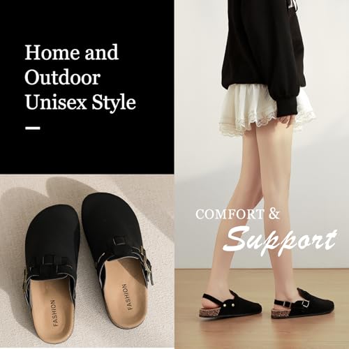 Men Suede Clogs with Arch Support, Unisex Leather Mules for Women, Adjustable Double-Buckle Cork Footbed Slip-On Sandals - Comfortable Potato Shoes3