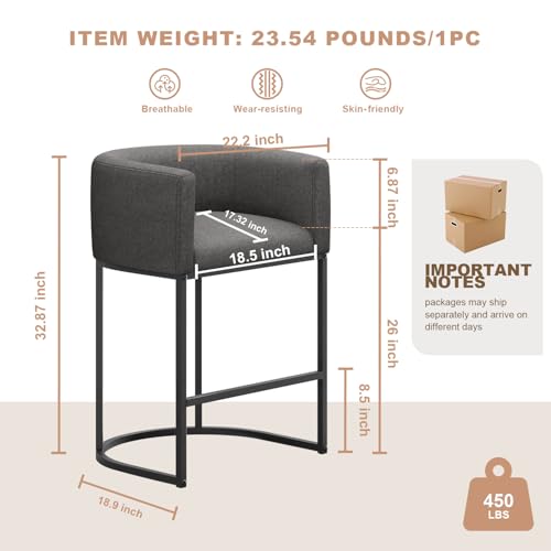 Image of 26 inch H Counter Height Bar Stools Set of 4, Modern Barrel Counter Stools with Backrest and Arms, Linen Fabric Upholstered Accent Barstools for Kitchen Island,Support 450 LBS (Carbon Black)