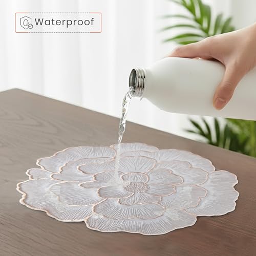 Image of Yellow Weaves 2 Pcs PVC Round Table Placemats, Dining Table Mat, Stain Resistant, Anti-Skid, Waterproof, Washable, Dining, Kitchen, Restaurant Table Set Easy to Clean, Durable (Floral Rose Gold)