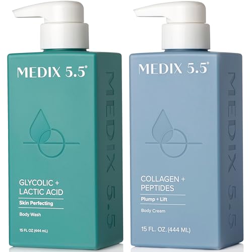 Image of Medix 5.5 Exfoliating AHA Glycolic Acid Face & Body Wash Cleanser + Collagen Moisturizing Body Cream Lotion Skin Care 2-Piece Set, Alpha Hydroxy & Lactic Foaming Body Wash & Face Wash