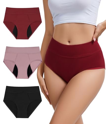 Period Underwear for Women, Leak-proof Reusable High Waisted Briefs Menstrual Panties, Heavy Flow, Cotton 3 Pack