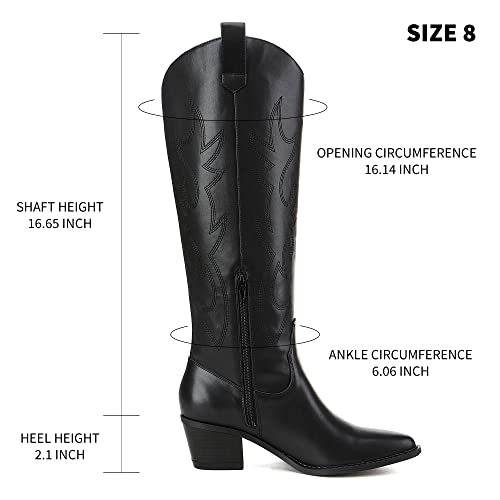 Athlefit Women's Western Embroidered Cowboy Boots Pointed Toe Chunky Heel Pull On Knee High Boots Black Size 7 #TOP1
