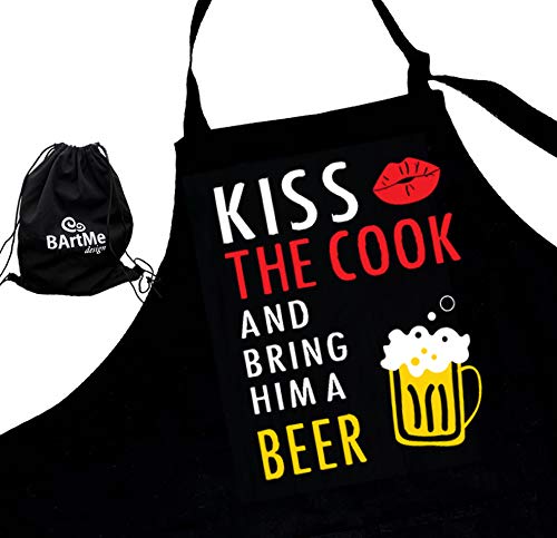 Funny Kitchen Apron - Grilling Chef Cooking BBQ - Adjustable 2 Pockets - Men Aprons - Gift Wrapped - kiss The Cook and Bring Him a Beer - 100% Cotton 240 gr.