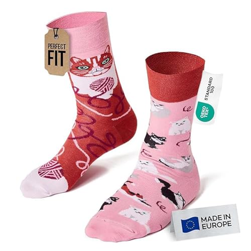 Many Mornings - Mismatched sokken - grappige sokken unisex - maten 35-46 - cadeau-idee - Made in EU - dieren, Playful Cat, 35/38 EU