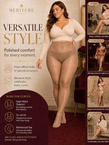 Image of MERYLURE Plus Size Sheer Tights for Women,20D Control Top Pantyhose Reinforced Toes High Waist Stockings 3 Pairs 1XL-6XL