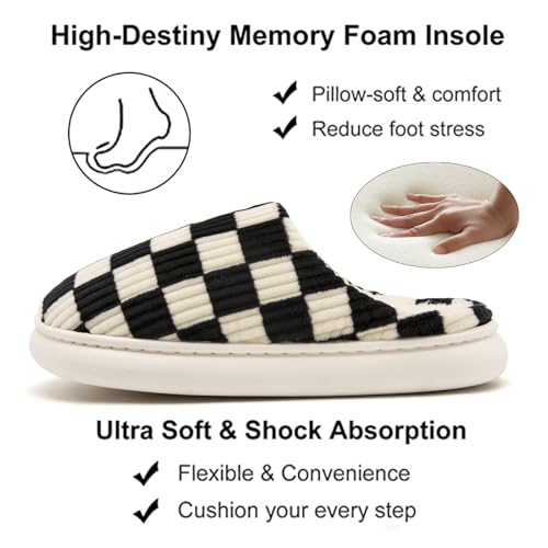 Image of Yueerlu House Slippers for Women Men, Fuzzy Checkered Mens Womens Slippers Warm Memory Foam House Shoes Indoor Outdoor with Faux Fur Lining