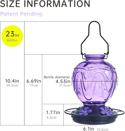 Image of 2 Pack Glass Hummingbird Feeder for Outdoors Hanging, 24Ozs Humming Bird Nectar Feeder w /Perch, 5 Flower Feeding Ports, Leak Proof Base and Hook for Outside Garden Backyard Decor, Purple