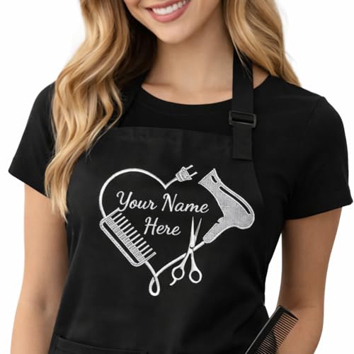 PLACE4PRINT Personalized Custom Embroidered Black Hair Stylist Apron - Beauty Salon -...