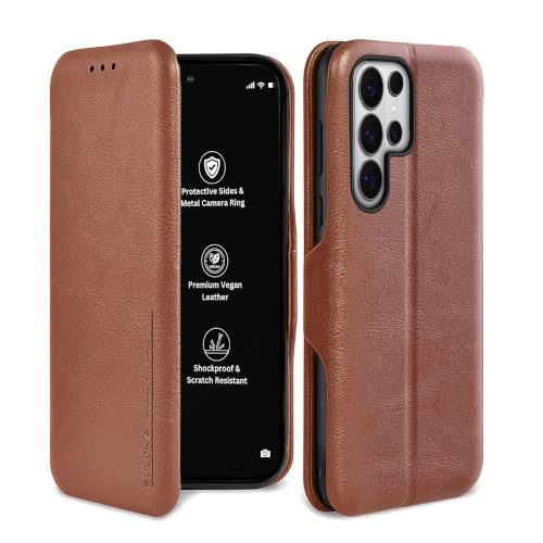 Image of PULOKA Premium Vegan Leather Phone Cover with Card Slot - Compatible with Samsung Galaxy S25 Ultra - Sleek Flip Case, Slim, Durable, Privacy Protection, Kickstand Function (Brown)