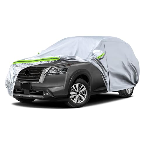 Image of Waterproof Car Covers Replace for 2012-2025 Nissan Pathfinder, 6 Layers Silver All Weather Custom-fit Car Cover with Zipper Door & Windproof Bands for Snow Rain Dust Hail Protection
