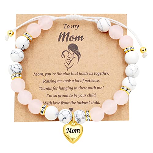 Image of Uloveido Natural Stone Mom Heart Charms Beaded Bracelets for Mum from Son or Daughter With Massage Card and Box | Mothers Day Jewelry Gifts