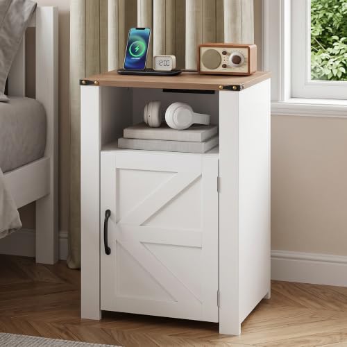 Image of VECELO Set of 2 Farmhouse Nightstands with Charging Station, Rustic Wooden Bedside Tables,End Tables with Open Shelf & Hidden Storage Cabinet for Bedroom, Living Room, White