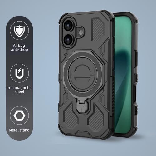 Image of KARWAN Tough Shockproof Armor Back Case Cover Compatible with iPhone 16 with 360 Degree Rotation Magnetic Attraction Ring, Holder Heavy Duty Rugged Cover with MagEaze Wireless Charging (Black)