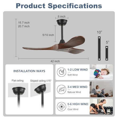 Image of 42'' Outdoor Ceiling Fan no Light,Solid Wood Ceiling Fan with Remote Control,Quiet and Reversible DC Motor with Large Airflow for Living Room,Patios,Gazebo (dark walnut)