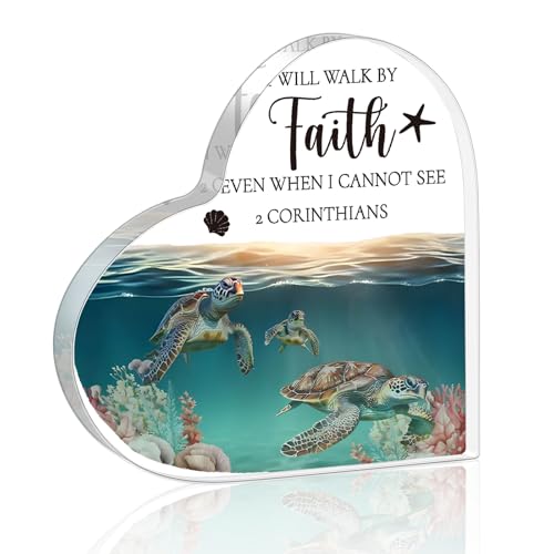 Jumkook Ocean Sea Turtle Heart Shaped Acrylic Decor for Men Women, I Will Walk By Faith Christian Religious for Home Room Office Desk Bookshelf Bedroom Nightstand, 4 x 4 Inch