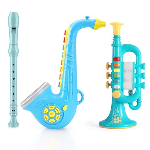 Lolossure Set of 3 Toy Saxophone Kids Trumpet and Recorder Flute,Musical Instruments Set for Children,Teaching Songs Gifts with Light & Sound for Kids Ages 3-5 5-9, for Kid