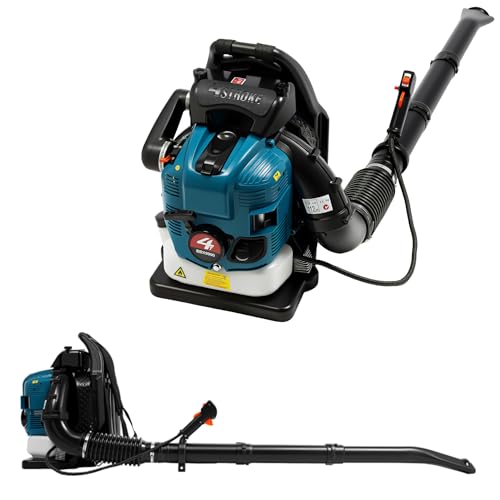 Mochila soplador de hojas de gasolina, motor de 4 tiempos, 2,6 kW, con 7000 rpm y depósito de 1,9 l, salida ignífuga ajustable 180° para hojas y nieve, peso ligero con sistema de transporte
