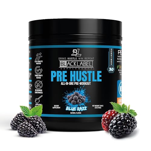 Image of BLACKLABEL Supplements PRE Hustle V3 Pre-Workout Powder - NSF Certified for Sport - Energy, Strength & Endurance Support - Blue Razz - with Creatine & Caffeine - 30 Servings