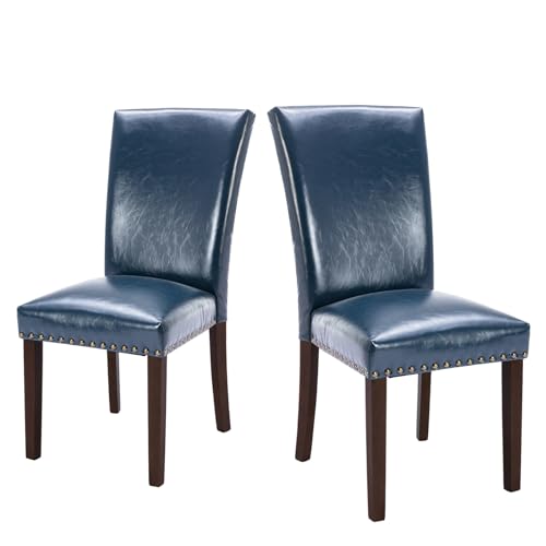 Image of COLAMY Upholstered Parsons Dining Chairs Set of 2, PU Leather Dining Room Kitchen Side Chair with Nailhead Trim and Wood Legs - Blue