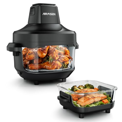AIRMSEN Portable Glass Air Fryer - 4.5L & 1.2L Dual Containers with Lid Non-Toxic 60-230 4 Preset Functions Detachable Air Frying Head Safe for Microwave Freezer & Dishwasher