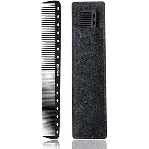 HYOUJIN 605 Black Carbon Fine Cutting Comb 230℃ Heat Resistant Hairdressing Comb Master Barber Comb with fine tooth-14 holes for cutting and hairstyling Cover