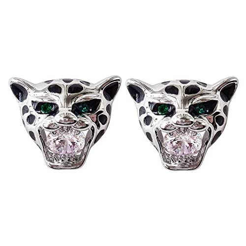 Navachi 18k Gold Plated White Crystal Zircon Leopard Tiger Head Black Enamel Ear Stud Earrings, White Gold Zircon, Cubic Zirconia