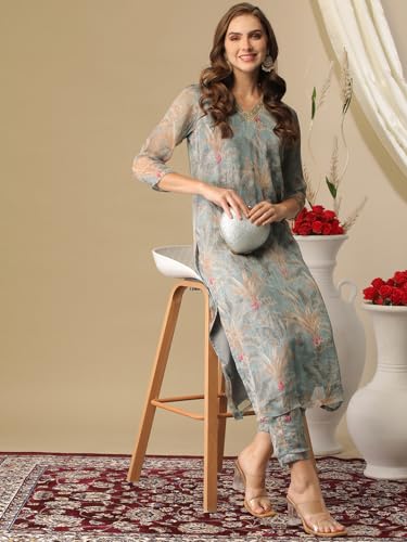 Image of GoSriKi Women's Cotton Blend Straight Printed Kurta with Pant (Feni Grey-NW-GS