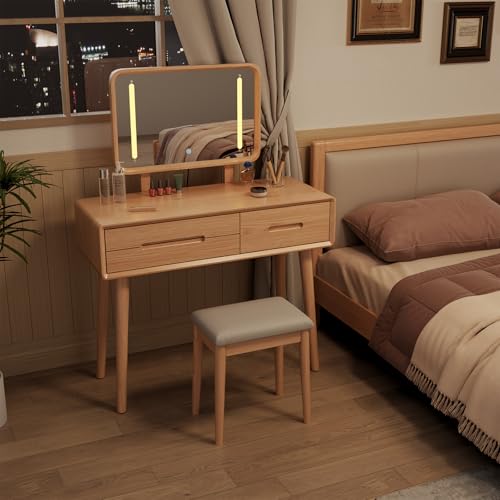 Image of Soild Wood Vanity Table 40 IN with Light Mirror High Adjustable, Make Up Desk Large Dressing Table 3 Lighting Modes, Makeup Vanity 3 Drawer Dresser Vanity Table Wooden for Checkroom Apartment Bedroom