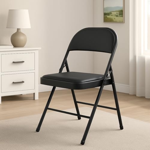 Image of MLU Heavy Duty Metal Folding Chair with Padded Seat & Backrest, Black, Cushioned Portable with Anti-Skid Feet, Strong Steel Frame